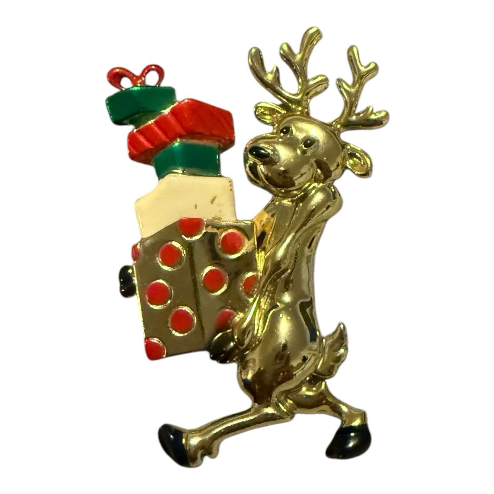 Vintage Reindeer Christmas Metal Brooch Gold Tone Pin Signed Cajc